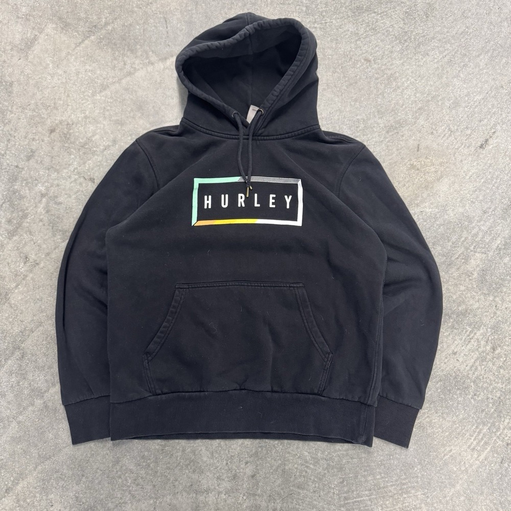 Hurley Men's Pullover Hoodie Black Fleece Logo Graphic Print Drawstring Surf M